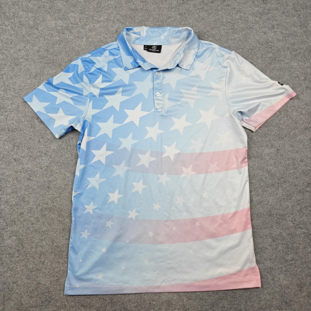 GreenSide Golf Polo Shirt Mens Small Blue Pink Stars Patriotic USA Graphic